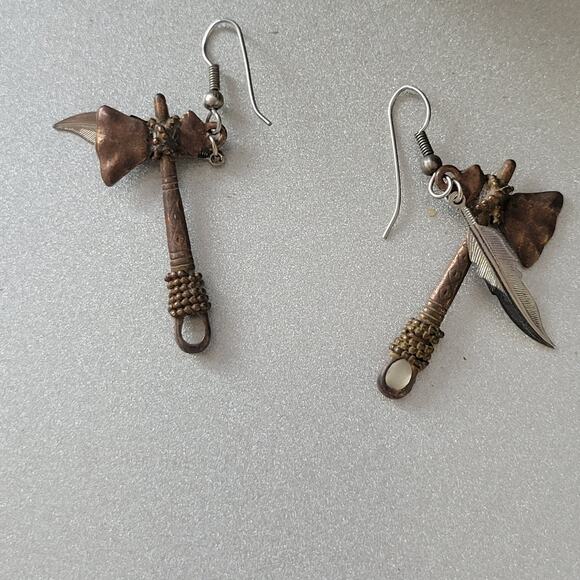 Tomahawk Hatchet Feather Charm Earrings 3” - Picture 3 of 3